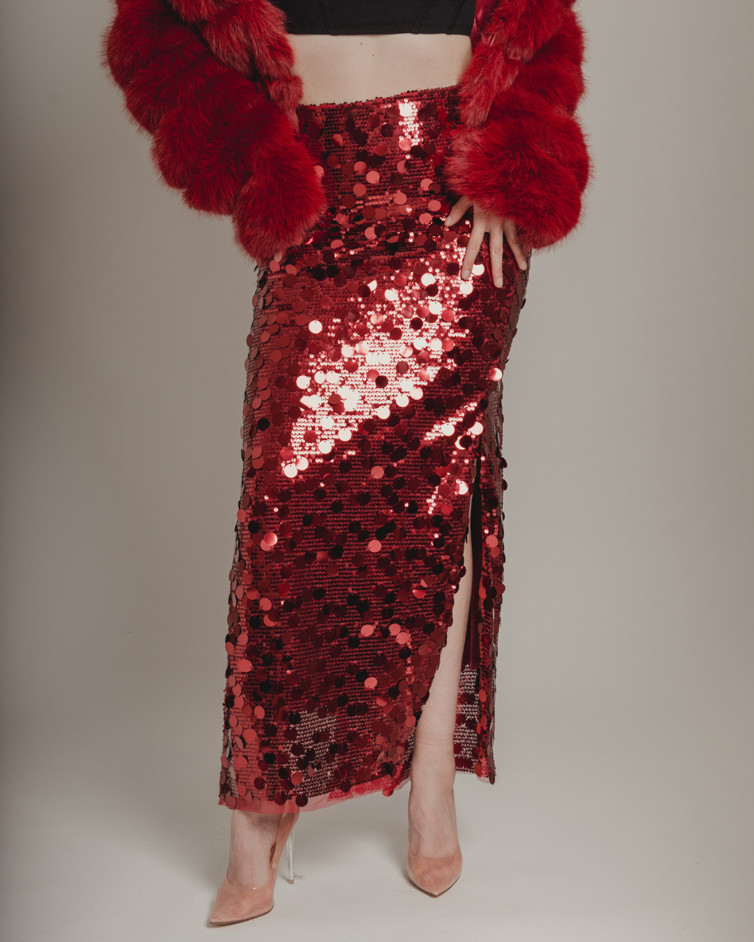 Red sequin skirt