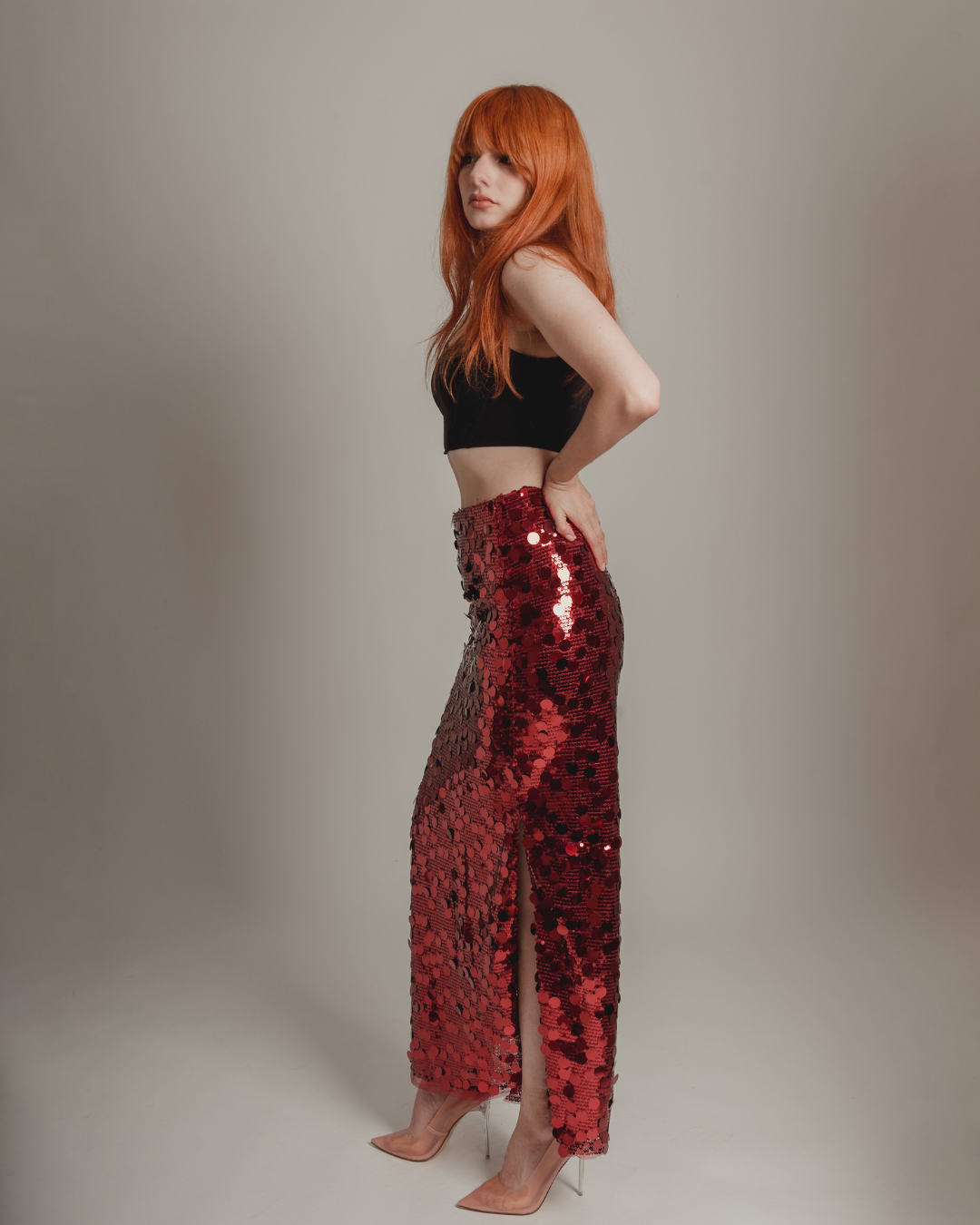 Red sequin skirt