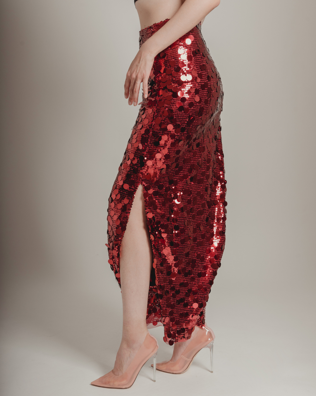 Red sequin skirt