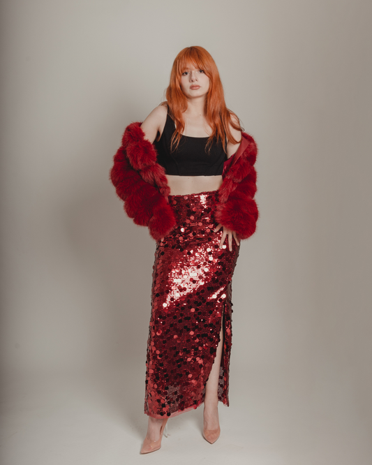 Red sequin skirt